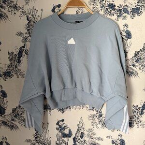 Adidas Cropped Sweatshirt Light Blue Crewneck 3 Stripe Sleeve Size Small